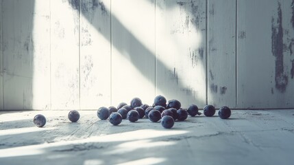 Poster - fresh blackberries scattered on rustic white wooden table with soft natural light highlighting their texture and color