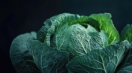 Poster - Lush green cabbage close-up showcasing intricate leaf textures on a dark background for fresh produce imagery