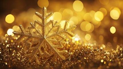 Poster - Golden Christmas snowflake on shimmering background with festive bokeh lights creating a warm holiday atmosphere and joyful spirit.