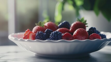Poster - Fresh assorted berries displayed in a white dish highlighting vibrant colors and textures in natural light setting