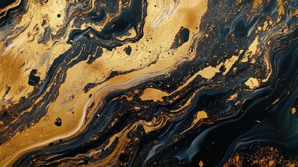 Poster - Elegant golden abstract texture with flowing black and gold patterns ideal for backgrounds and design projects. High quality and visually striking.