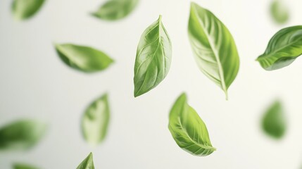 Poster - Floating fresh basil leaves against a soft white background emphasizing their vibrant green color and natural appeal.