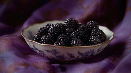 Aufkleber - Freshly picked blackberries in an elegant bowl on a rich textured fabric background with a focus on vibrant colors and details