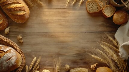 Poster - Rustic composition of fresh bread and wheat stalks arranged on a wooden table creating a warm and inviting atmosphere for culinary themes
