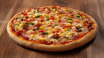 Poster - Delicious homemade vegetarian pizza topped with colorful fresh vegetables on a rustic wooden table setting