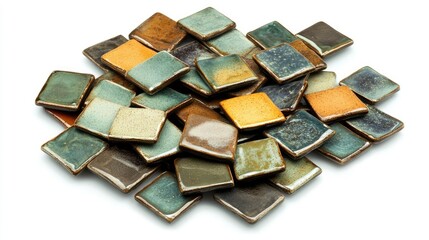 Aufkleber - Handmade glazed ceramic tiles in various colors and textures arranged in a scattered layout on a white background