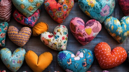 Poster - Colorful handmade heart cushions arranged aesthetically on a textured background showcasing unique patterns and vibrant designs.