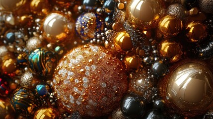 Poster - Glistening gold glass beads and intricately designed thread beads creating a vibrant and luxurious arrangement for crafting and decoration.