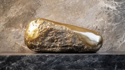 Poster - Golden Coastal Stone with a Shimmering Gold Surface on Elegant Display Against a Dark Marble Background