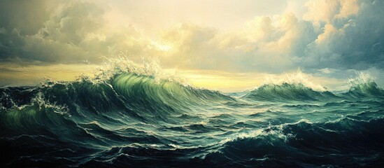 Poster - Dynamic ocean waves under a dramatic sky with hints of sunlight, showcasing the natural beauty and power of coastal landscapes.