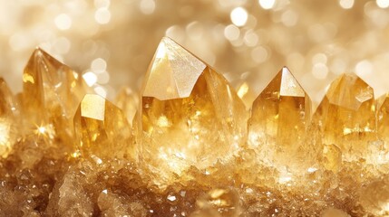 Poster - Golden crystal formation with sparkling bokeh background creating an elegant and luxurious atmosphere suitable for various design projects.