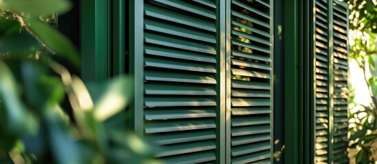 Poster - Green louver window framed by lush foliage highlighting exquisite craftsmanship and enhancing natural light in the outdoor space