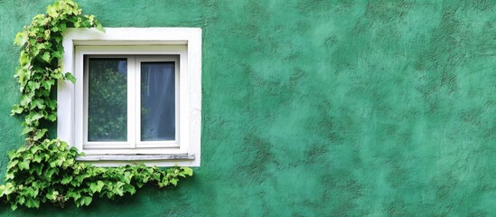 Poster - Inviting green wall with white window adorned by climbing vines providing ample copy space for creative text overlay