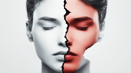 Wall Mural - a woman's face is split in half, with one half being red and the other half being white. the red hal