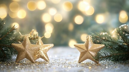 Poster - Golden bokeh lights with glittering stars and pine branches create a festive atmosphere for holiday celebration designs and seasonal backgrounds
