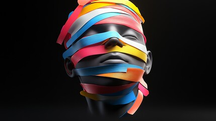 Wall Mural - a colorful head with a face made of strips of fabric. the head is in a black background