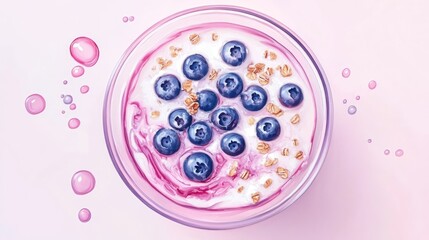 Aufkleber - Healthy granola yogurt bowl topped with blueberries and banana on pink background flat lay breakfast concept