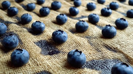 Aufkleber - fresh blueberries arranged on burlap surface with rustic wooden planks in background showcasing natural textures and vibrant colors