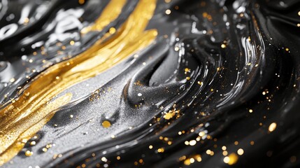 Poster - Golden and silver pigments swirling in black dye creating an abstract artistic texture with shimmering glitter effects
