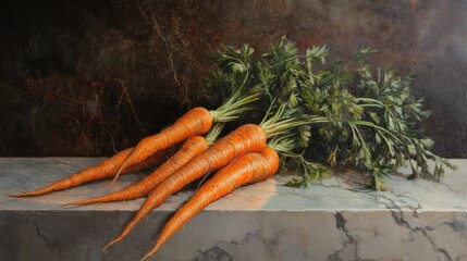 Aufkleber - Vibrant fresh carrots with lush green tops artfully arranged on a marble surface against a dark textured background