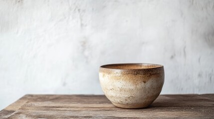 Poster - Handcrafted ceramic bowl displayed on rustic wooden table against a minimalistic white wall backdrop