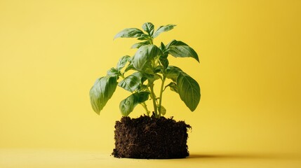 Poster - Vibrant Fresh Basil Plant in Soil Against Yellow Background for Cooking and Gardening Themes