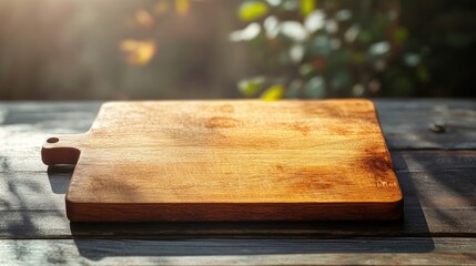 Poster - Handcrafted Wooden Cutting Board Serving Tray in Soft Natural Light on Rustic Table with Greenery Background