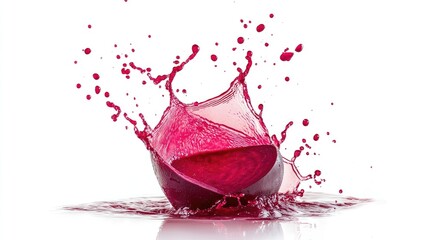 Poster - Beetroot juice splash captured in high-speed motion against a white background showcasing vibrant color and dynamic movement