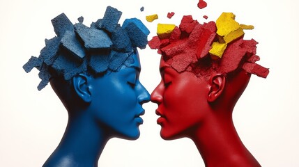 Wall Mural - two women with blue and red hair and faces. one is smiling and the other is frowning