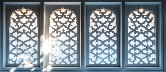 Poster - Architectural window featuring intricate patterns and soft light reflections ideal for modern design aesthetics and inspirations in architecture