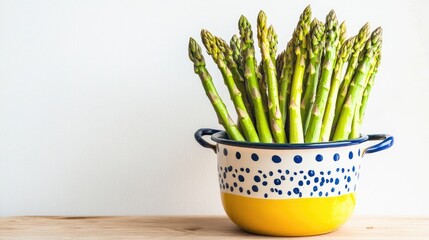 Poster - Vibrant asparagus display in decorative pot on wooden surface with neutral background showcasing fresh produce and culinary inspiration