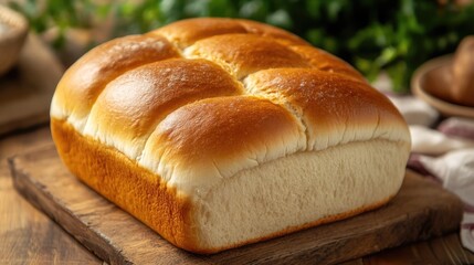 Poster - Soft freshly baked bread loaf on rustic wooden board surrounded by greenery, perfect for food photography and culinary themes.