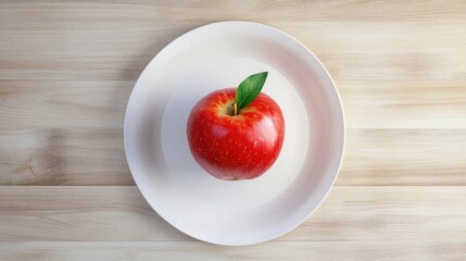 Poster - Vibrant red apple resting on a simple white plate set against a wooden background showcasing freshness and natural beauty