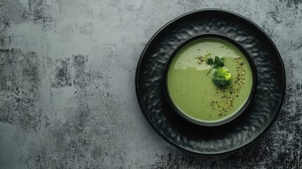 Aufkleber - Broccoli soup served in a black plate garnished with herbs against a textured gray background for culinary and food presentation use
