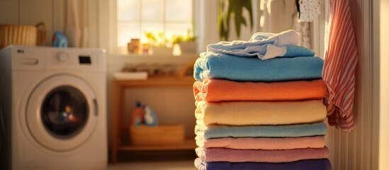 Poster - Colorful freshly laundered towels stacked neatly in a bright cozy laundry room with a washing machine and natural light streaming in