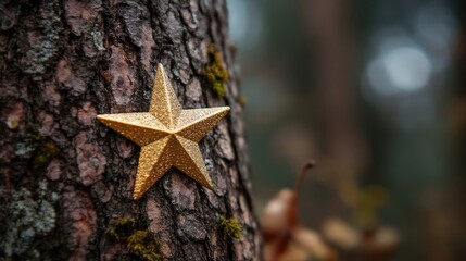 Poster - Golden star decoration on textured tree bark in natural forest background showcasing festive spirit and nature's beauty.