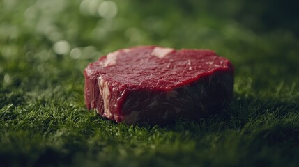 Poster - Juicy raw beef steak on lush green grass background highlighting freshness and quality for culinary or food-related visuals