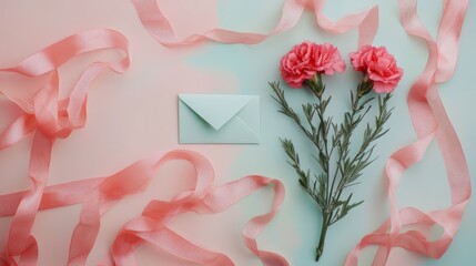 Poster - Pastel floral arrangement with pink carnations ribbons and blank card for heartfelt messages on a soft background