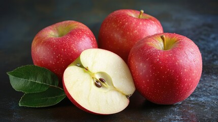 Poster - Juicy red apples with a sliced apple and leaves on a dark textured background showcasing freshness and natural beauty.