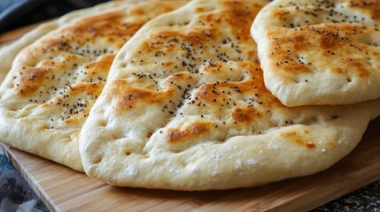 Poster - Deliciously baked flatbreads with poppy seeds on a wooden board showcasing appetizing textures and golden crusts.