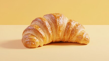 Poster - Golden flaky croissant on pastel yellow background showcasing bakery freshness and culinary delight for food and restaurant themes