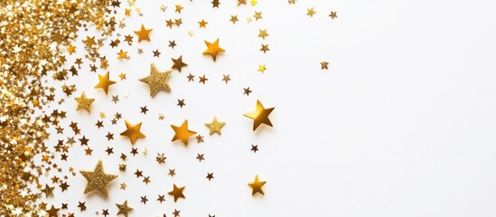 Poster - Golden glitter circle frame with stars and confetti on white background for celebratory and festive design elements
