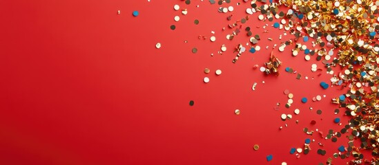 Poster - Golden confetti scattered on a vibrant red background creating a festive border viewed from above ideal for celebrations and event designs