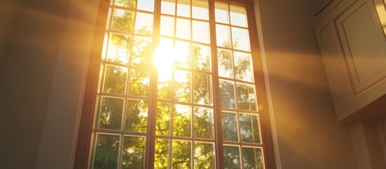 Poster - Sunlight streaming through a tall window illuminating interior walls with warm reflections amidst a serene natural backdrop