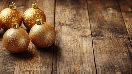 Poster - Golden Christmas ornaments displayed on a rustic wooden table with selective focus enhancing the festive ambiance