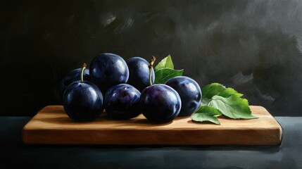 Poster - Ripe black plums arranged on a wooden cutting board with vibrant green leaves against a dark background