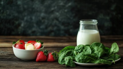 Poster - Vibrant vegan salad with fresh spinach strawberries and cheese accompanied by a glass of milk on rustic wooden table background