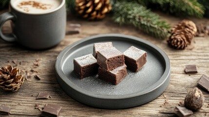 Poster - Delicious brownie pieces on a rustic plate with hot chocolate displayed among pinecones and greenery on a wooden table