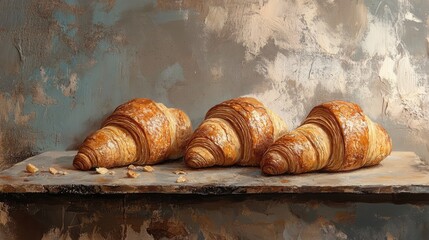 Aufkleber - Freshly baked buttery croissants arranged on rustic tile backdrop showcasing artisanal texture and warm golden colors.