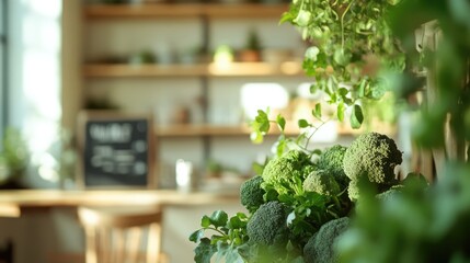 Aufkleber - Fresh green broccoli showcased in a bright kitchen setting with leafy plants and wooden decor in the background.